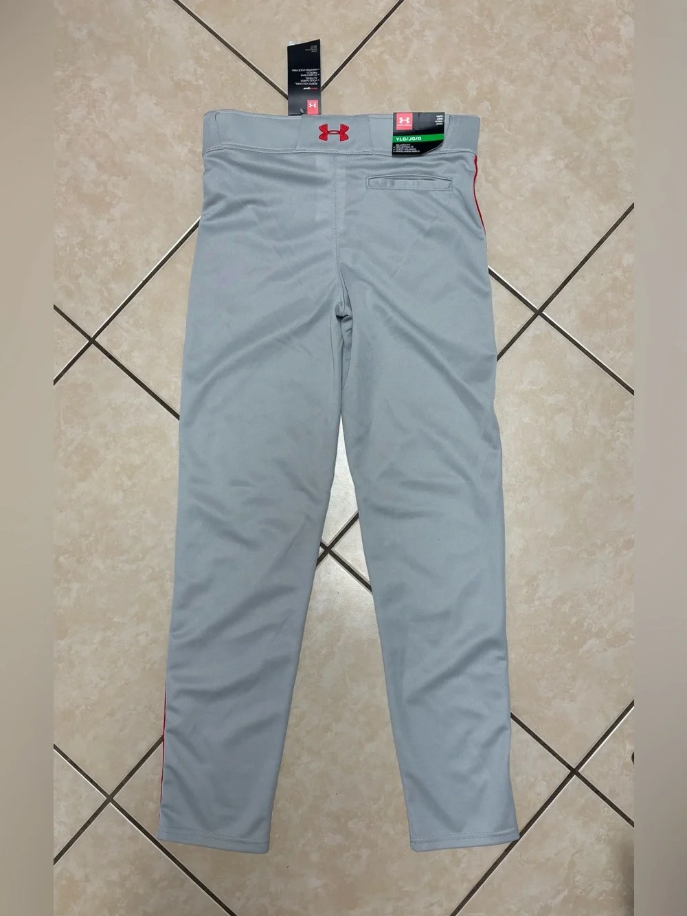 New Under Armour Gray Baseball Pants with Red Piping Size Youth Large